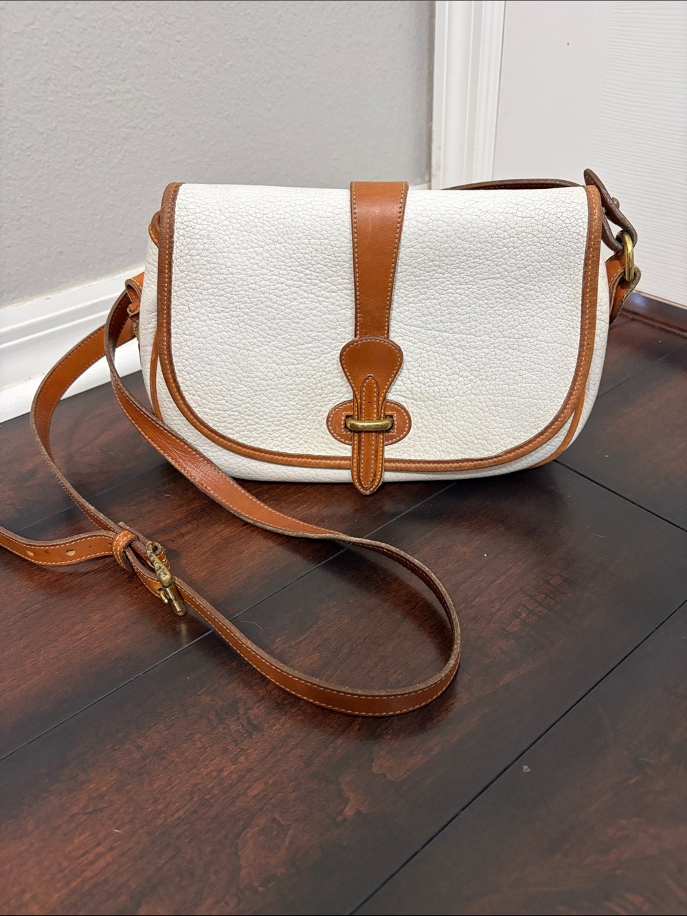 Dooney & Bourke Vintage 90s White Pebbled Crossbody with Brown Leather Trim